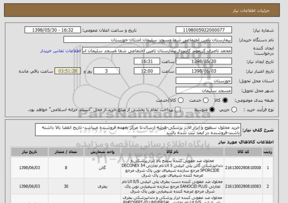 استعلام خرید محلول سطوح و ابزار الات پزشکی-هزینه ارسال تا مرکز بعهده فروشنده میباشد- تاریخ انقضا بالا داشته باشند-فروشنده در ایمد ثبت شده باشد