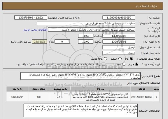 استعلام کابل 4*5 NYY مفتولی ، کابل 5/2*3 NYY مفتولی و کابل 6*4 NYY مفتولی طبق مدارک و مشخصات پیوستی