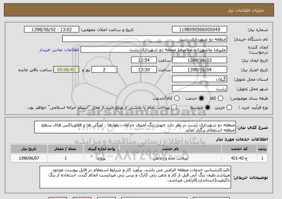 استعلام منطقه دو شهرداری رشت در نظر دارد جهت رنگ آمیزی جداول ، بلوارها ، لچگی ها و فلاورباکس های سطح منطقه استعلام برگزار نماید