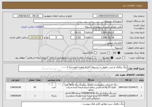 استعلام رنگ ترافیک و تینر - تحویل در بشرویه (کرایه بعهده فروشنده )