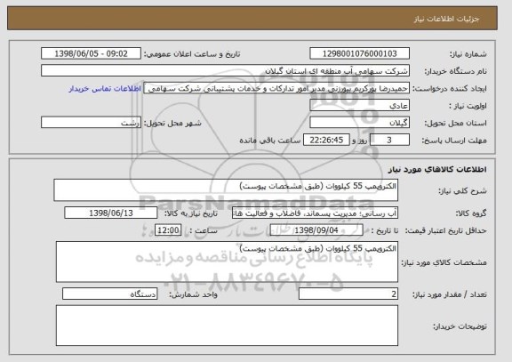 استعلام الکتروپمپ 55 کیلووات (طبق مشخصات پیوست)