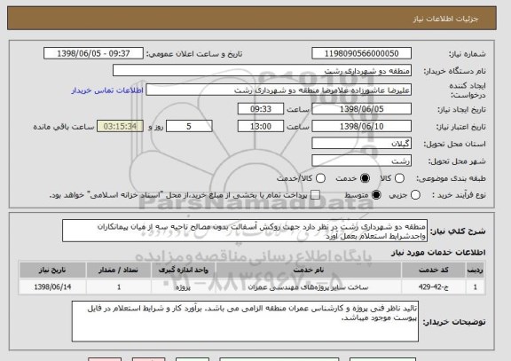 استعلام منطقه دو شهرداری رشت در نظر دارد جهت روکش آسفالت بدون مصالح ناحیه سه از میان پیمانکاران واجدشرایط استعلام بعمل آورد