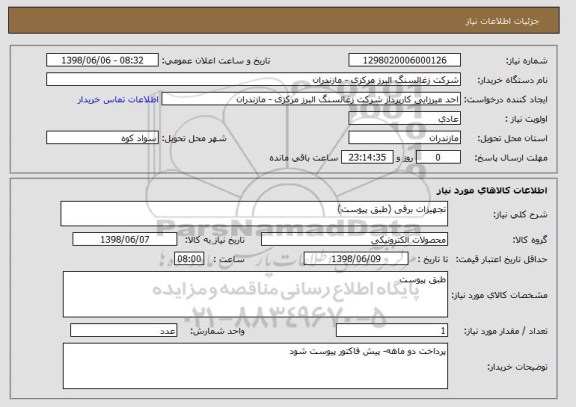 استعلام تجهیزات برقی (طبق پیوست)