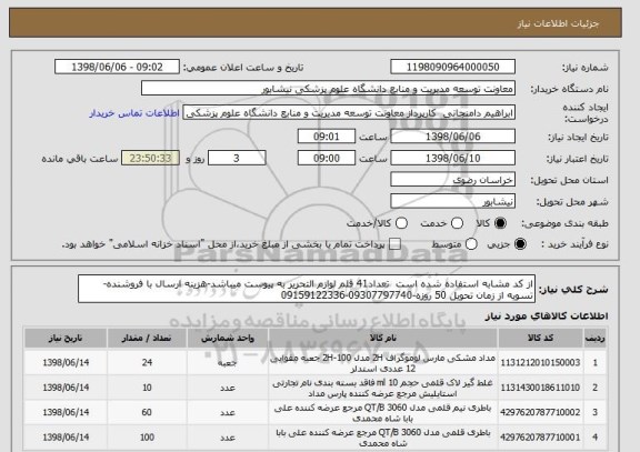 استعلام از کد مشابه استفاده شده است  تعداد41 قلم لوازم التحریر به پیوست میباشد-هزینه ارسال با فروشنده- تسویه از زمان تحویل 50 روزه-09307797740-09159122336