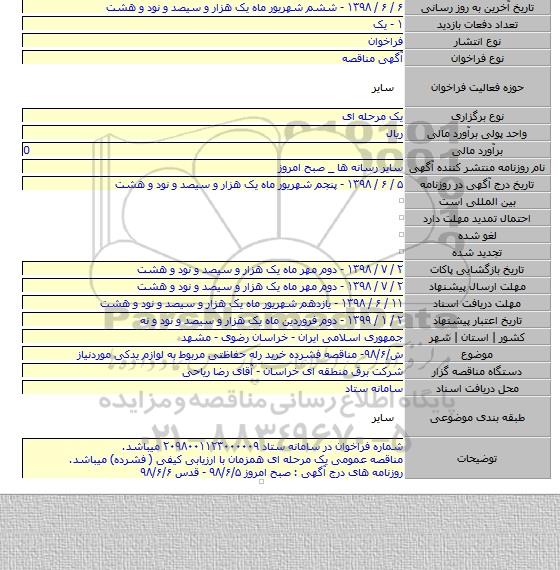 ش/۹۸/۶- مناقصه فشرده خرید رله حفاظتی مربوط به لوازم یدکی موردنیاز