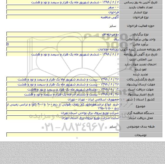 خرید انواع ترانسفورماتور کم تلفات هوایی از رنج ۱۰۰ تا ۴۰۰ کاوا و ترانس زمینی از رنج ۵۰۰ تا ۱۲۵۰