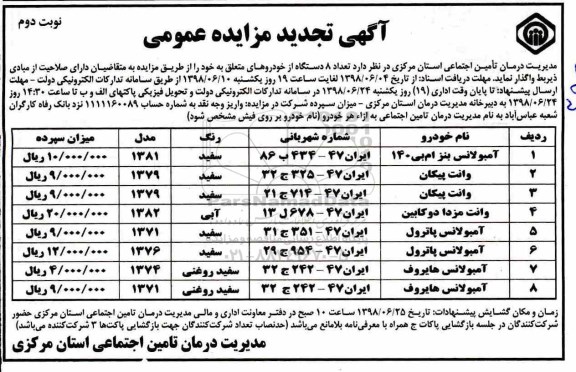 تجدید مزایده, تجدید مزایده تعداد 8 دستگاه از خودرو - نوبت دوم 