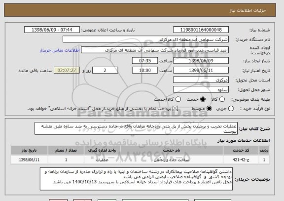 استعلام عملیات تخریب و برچیدن بخش از پل بتنی رودخانه مزلقان واقع در جاده دسترسی به سد ساوه طبق نقشه پیوست