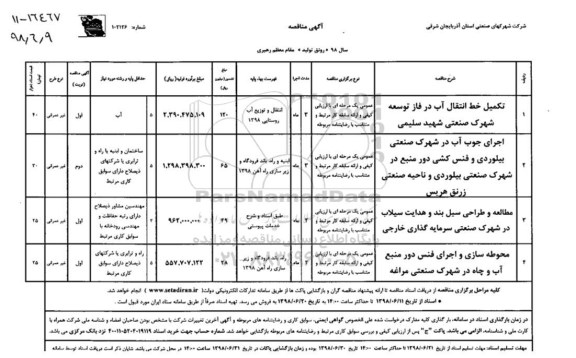 مناقصه ، مناقصه تکمیل خط انتقال آب در فاز توسعه ...