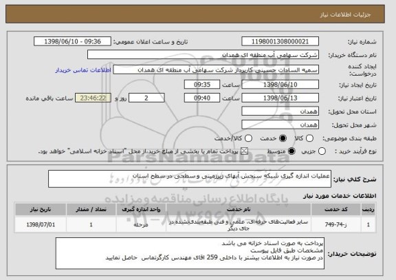 استعلام عملیات اندازه گیری شبکه سنجش آبهای زیرزمینی و سطحی در سطح استان