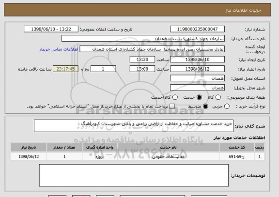 استعلام خرید خدمت مشاوره صیانت و حفاظت از اراضی زراعی و باغی شهرستان کبودرآهنگ