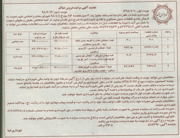 مزایده ،مزایده فروش نقدی قطعات زمین مسکونی و تجاری نوبت اول 