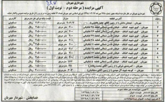 آگهی مزایده ،مزایده واگذاری تعداد 12 قطعه زمین با کاربری مسکونی 