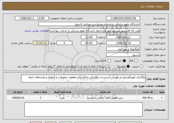 استعلام واگذاری امورنگهداری و راهبری تأسیسات مکانیکی و الکتریکی معاونت تحقیقات و فناوری و واحدهای تابعه