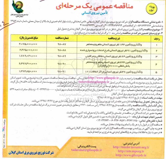 مناقصه عمومی , مناقصه واگذاری و تامین 144 نفر نیروی انسانی ماهر و نیمه ماهر 