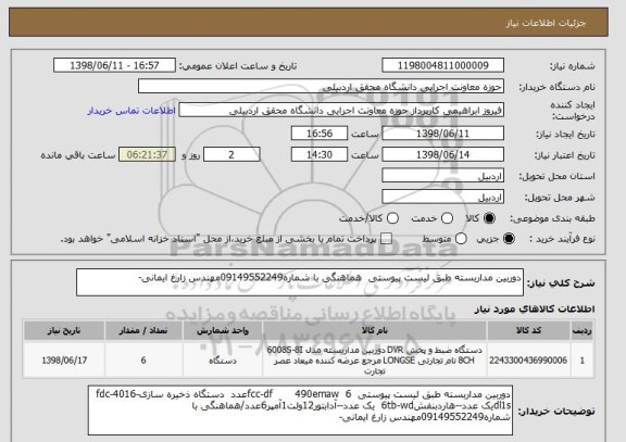 استعلام دوربین مداربسته طبق لیست پیوستی  هماهنگی با شماره09149552249مهندس زارغ ایمانی-