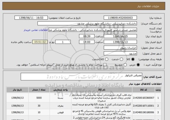 استعلام مصرفی لابراتوار 