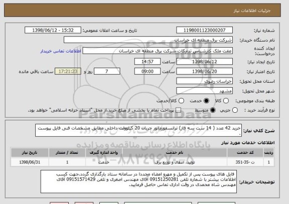 استعلام خرید 42 عدد ( 14 ست سه فاز) ترانسفورماتور جریان 20 کیلوولت داخلی مطابق مشخصات فنی فایل پیوست .