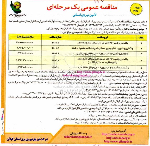 مناقصه عمومی , مناقصه واگذاری و تامین 144 نفر نیروی انسانی ماهر و نیمه ماهر  - نوبت دوم