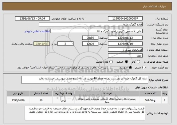 استعلام اداره کل گمرک جلفا در نظر دارد روزانه تعداد 40 پرس غذا به شرح جدول پیوستی خریداری نماید