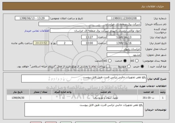 استعلام رفع نقص تجهیزات جانبی ترانس قدرت طبق فایل پیوست