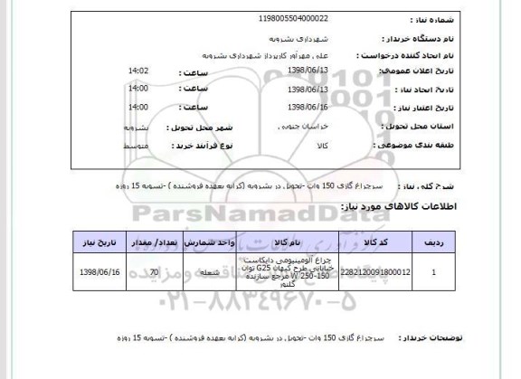 استعلام سرچراغ گازی 150 وات -تحویل در بشرویه (کرایه بعهده فروشنده ) -تسویه 15 روزه 