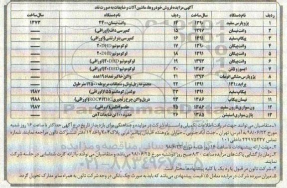 مزایده، آگهی مزایده فروش خودروها، ماشین آلات و ضایعات 