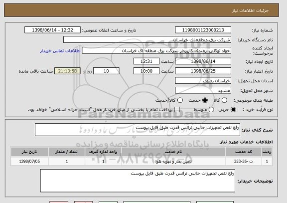 استعلام رفع نقص تجهیزات جانبی ترانس قدرت طبق فایل پیوست