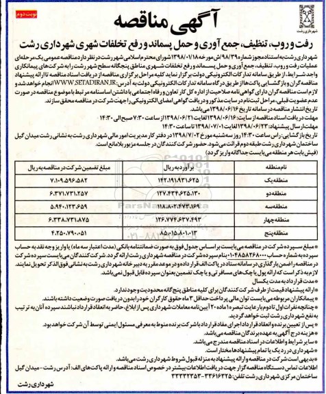 مناقصه﻿ , مناقصه﻿ رفت و روب، تنظیف، جمع آوری و حمل پسماند - نوبت دوم