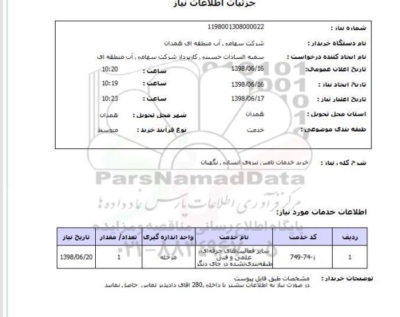 استعلام خرید خدمات تامین نیروی انسانی نگهبان