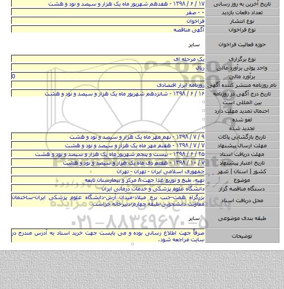 تهیه٬ طبخ و توزیع غذا جهت ۸ مرکز و بیمارستان تابعه