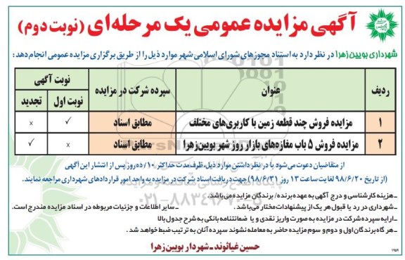 آگهی مزایده ،مزایده فروش چند قطعه زمین با کاربری مختلف نوبت دوم 