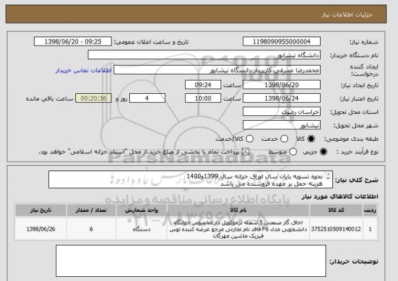 استعلام نحوه تسویه پایان سال اوراق خزانه سال 1399و1400
هزینه حمل بر عهده فروشنده می باشد
تحویل کالا درب دانشگاه نیشابور می باشد
تلفن تماس09367565571