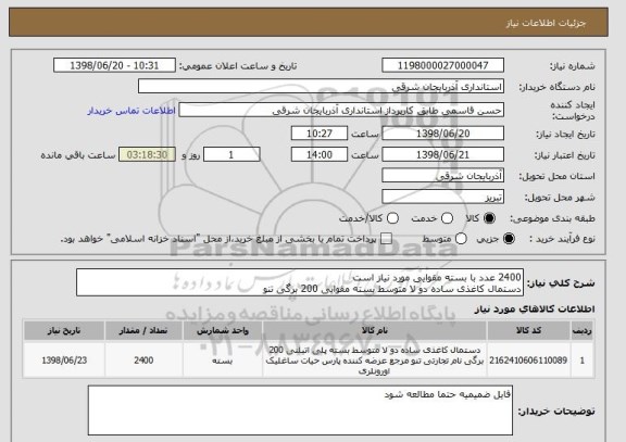 استعلام 2400 عدد با بسته مقوایی مورد نیاز است
دستمال کاغذی ساده دو لا متوسط بسته مقوایی 200 برگی تنو