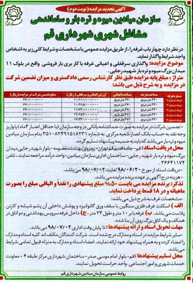 اگهی تجدید مزایده , مزایده چهار باب غرفه تجدید - نوبت دوم 