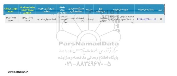 مناقصه احداث دیوار ساحلی