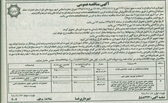 مناقصه عمومی, مناقصه بولوار شیبائیان و...نوبت دوم 