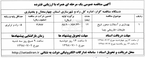 مناقصه, مناقصه بهسازی و آسفالت محور شیخ 