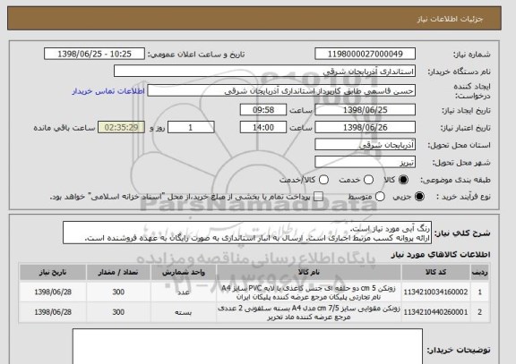 استعلام رنگ آبی مورد نیاز است. 
ارائه پروانه کسب مرتبط اجباری است. ارسال به انبار استانداری به صورت رایگان به عهده فروشنده است.