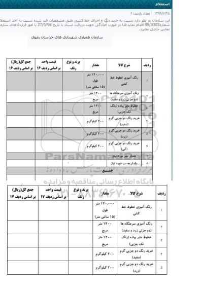 استعلام, استعلام خرید رنگ و اجرای خط کشی