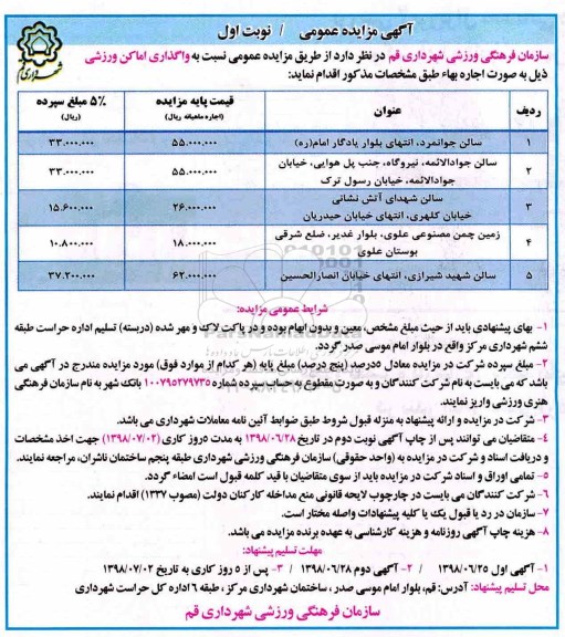 مزایده, مزایده واگذاری اماکن ورزشی 