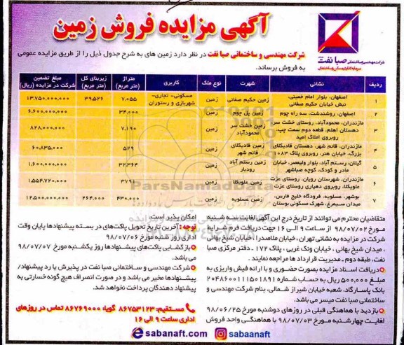 آگهی،مزایده فروش زمین های کاربری مسکونی ، تجاری 