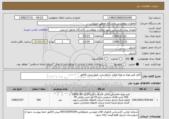 استعلام کابل فیبر نوری و بقیه موارد درخواستی طبق پیش فاکتور