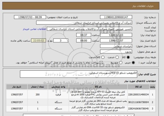 استعلام الکتروپمپ شناور 293/15شهرستان اسفراین 