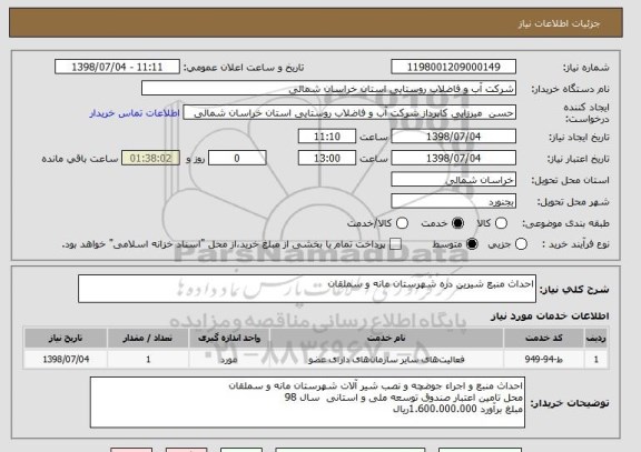 استعلام احداث منبع شیرین دره شهرستان مانه و سملقان 