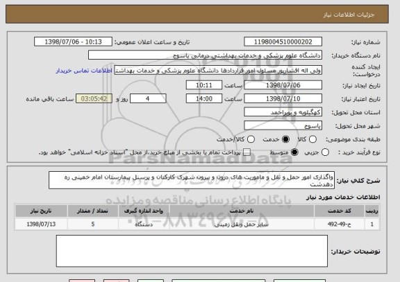 استعلام واگذاری امور حمل و نقل و ماموریت های درون و بیرون شهری کارکنان و پرسنل بیمارستان امام خمینی ره دهدشت