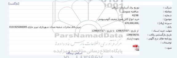 مناقصه ، مناقصه خرید انواع کابل فشار ضعیف آلومینیومی  