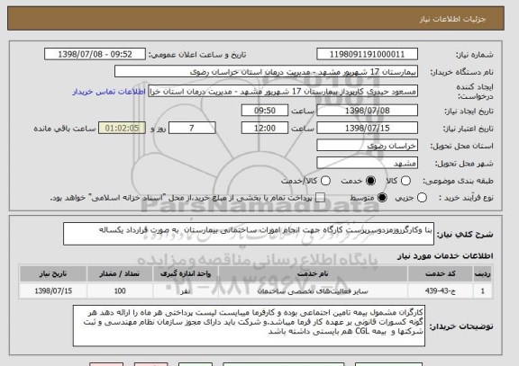 استعلام بنا وکارگرروزمزدوسرپرست کارگاه جهت انجام امورات ساختمانی بیمارستان  به صورت قرارداد یکساله 