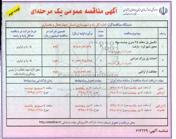 مناقصه , مناقصه تکمیل پل دهانه 35 متری چشمه مولا ...- نوبت دوم 