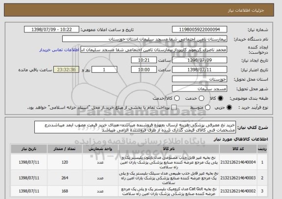 استعلام خرید نخ مصرفی پزشکی-هزینه ارسال بعهده فروشنده میباشد- مبنای خرید قیمت مصوب ایمد میباشددرج مشخصات فنی کالای قیمت گذاری شده از طرف فروشنده الزامی میباشد